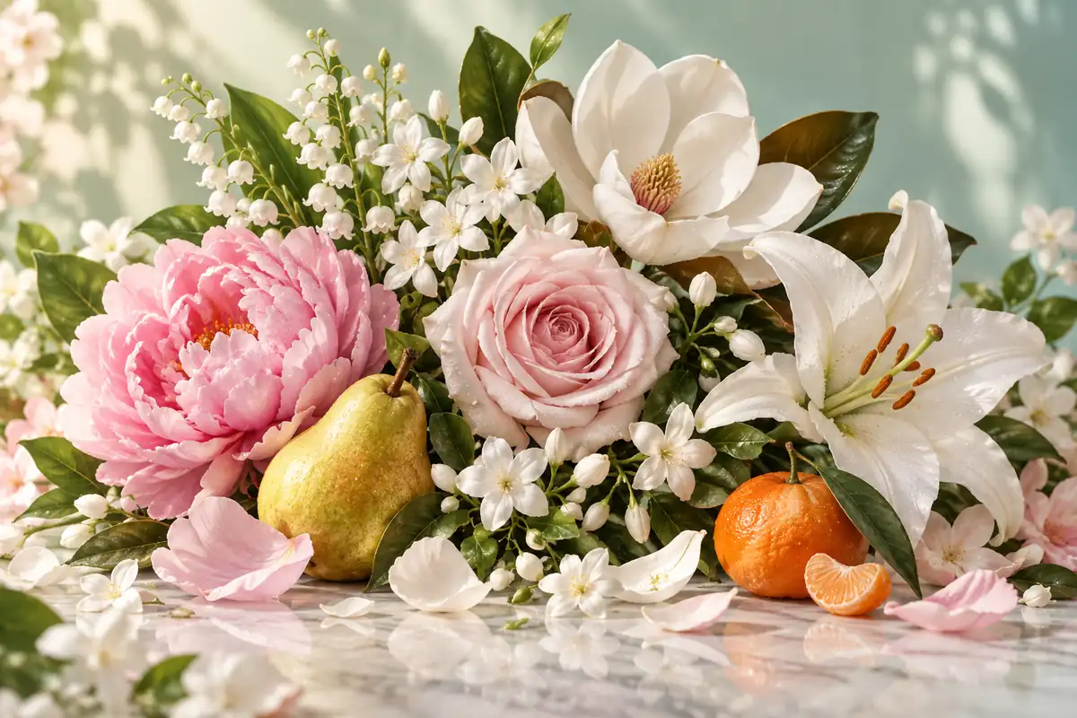Peonía, rosa, magnolia, jazmín, lirio blanco, lirio de los valles, pera y mandarina