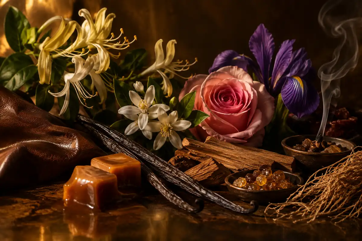 Madreselva, azahar, iris, rosa, vainilla, caramelo, cuero, sándalo, vetiver, ámbar e incienso