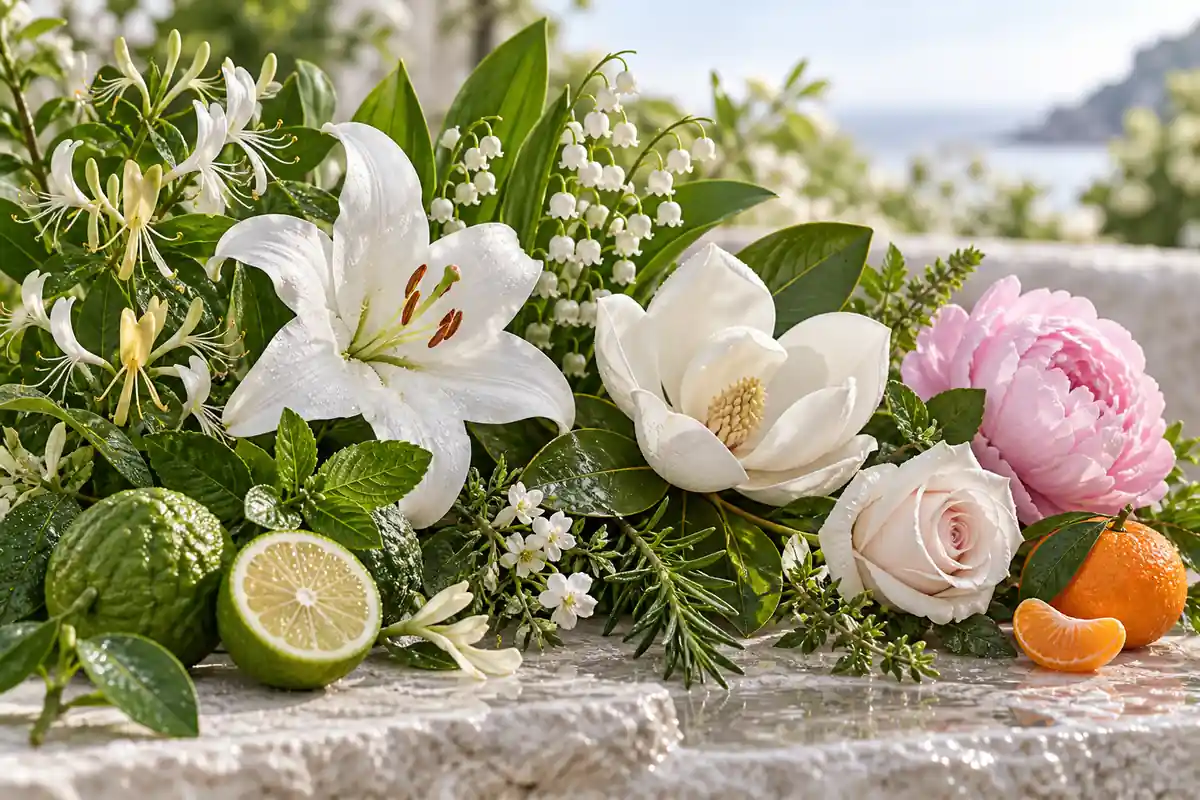 Madreselva, azucena, lirio de los valles, magnolia, peonía, rosa, bergamota y mandarina
