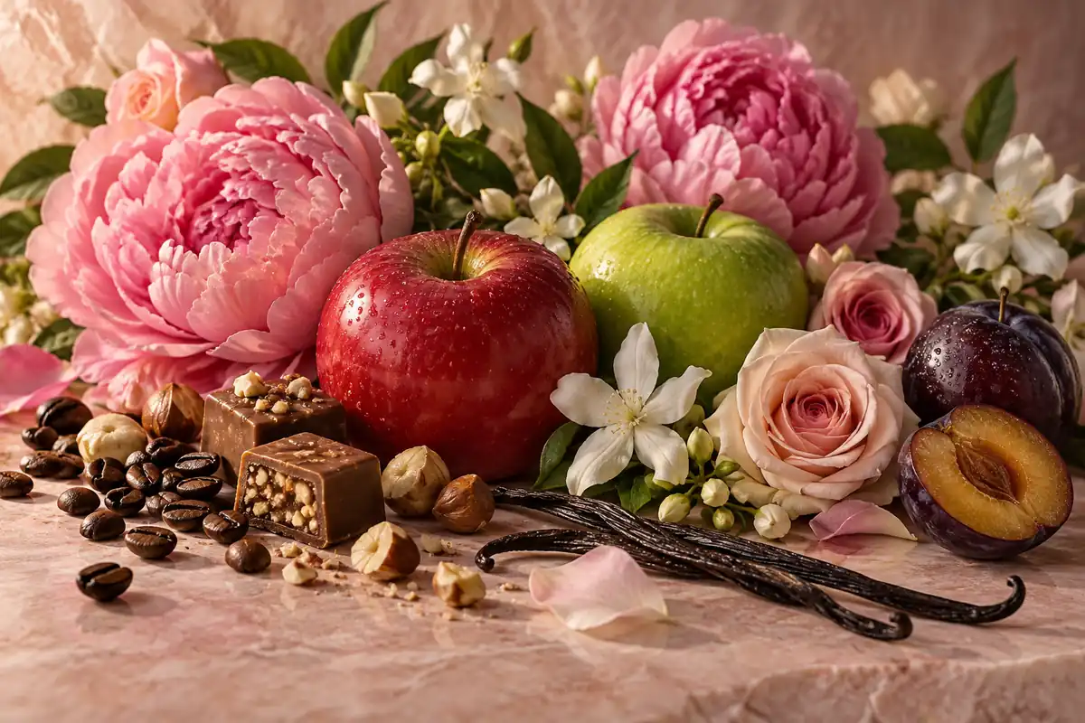 Manzanas con peonías, jazmín, rosas, ciruela, praliné, vainilla y café