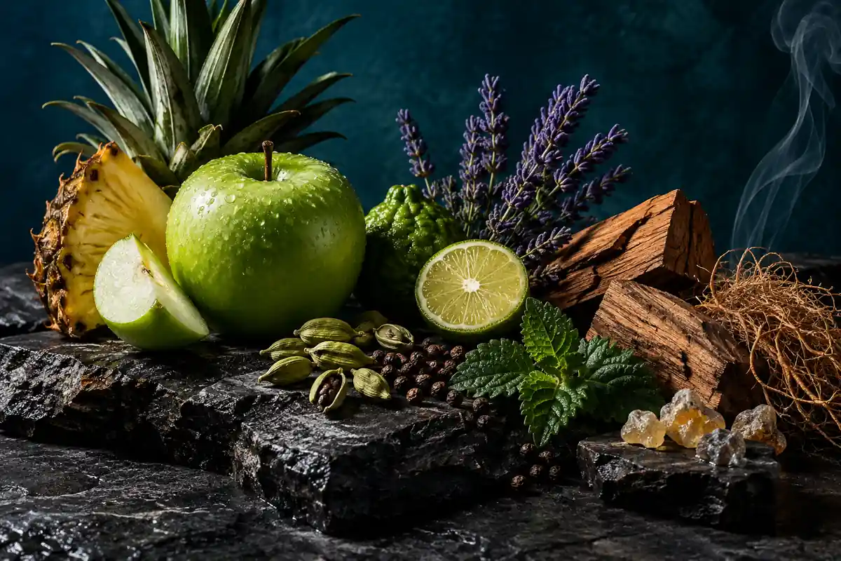 Manzana verde, piña, bergamota, lavanda, cardamomo, pimienta, cedro, vetiver, pachulí e incienso