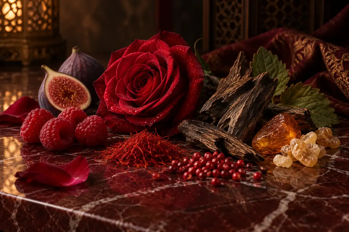 Rosas rojas, azafrán, frambuesa, canela, maderas oscuras, cuero y oud