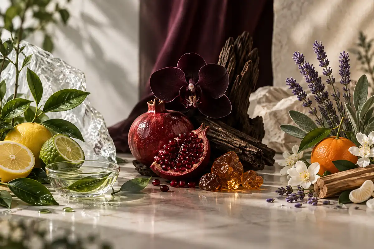 Guía visual de perfumes similares a Calvin Klein con perfiles cítricos, florales, especiados y ambarados