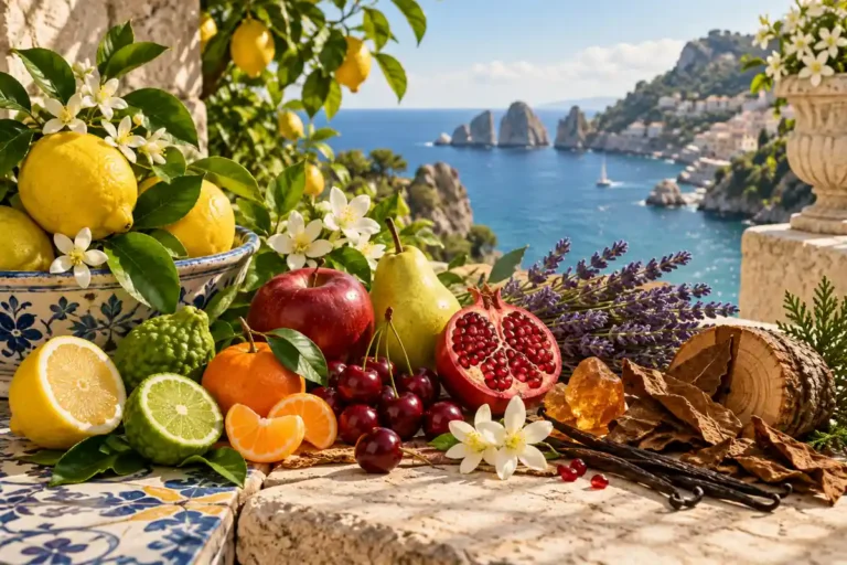 Guía visual de perfumes similares a Dolce & Gabbana con cítricos, flores, frutas, especias, tabaco y maderas