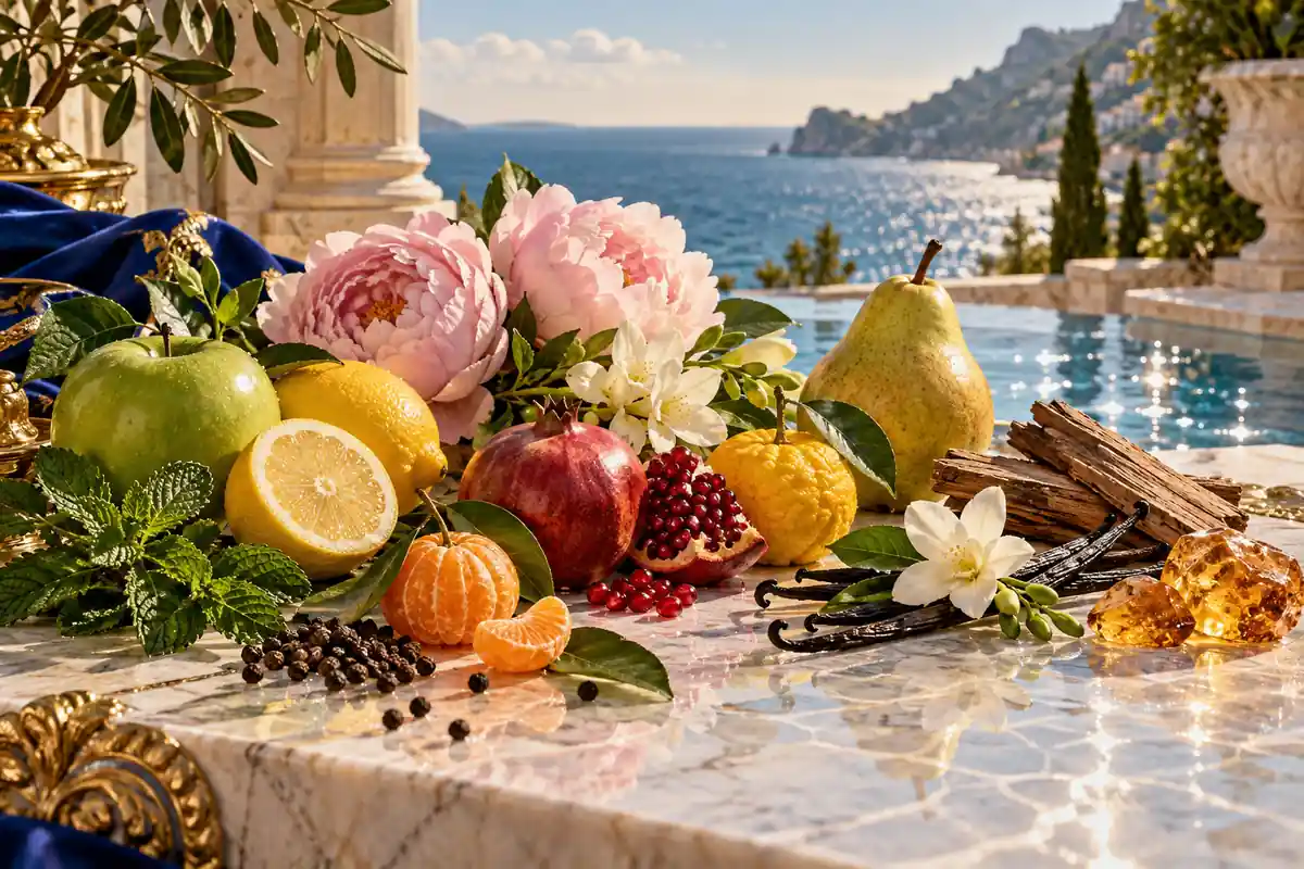 Guía visual de perfumes similares a Versace con cítricos, frutas, flores, especias, vainilla y maderas