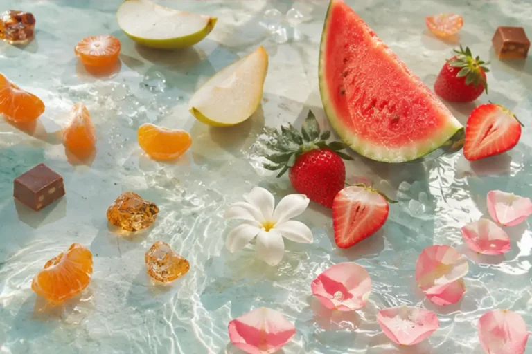 Sandía, pera, mandarina, flores y ámbar del perfume equivalente a Sorbetto Rosso 267