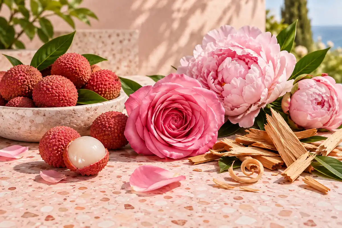 Lichi, rosa, peonía y maderas de perfiles florales afrutados similares a Tous