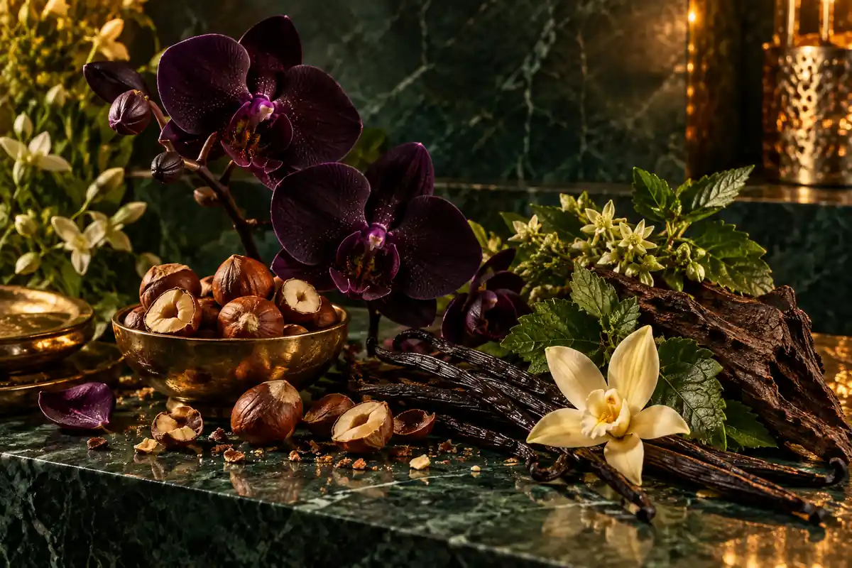 Avellana, orquídea, vainilla y flores verdes de perfumes similares a Tous
