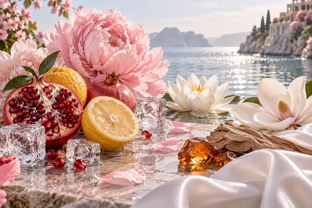 Yuzu, granada, hielo, peonía, loto, magnolia, caoba y ámbar del perfil equivalente a Bright Crystal