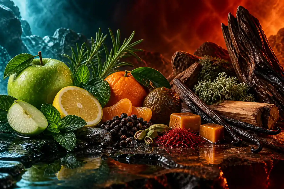 Manzana verde, menta, cítricos, pimienta, cardamomo, azafrán, vainilla y maderas de equivalencias Eros