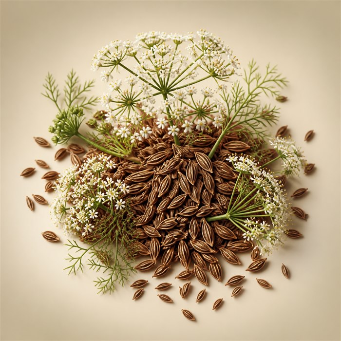 Semillas de alcaravea con flores blancas y tallos verdes