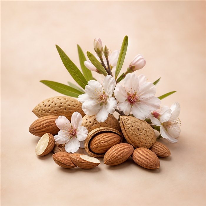 Almendras amargas naturales con cáscaras y flores blancas
