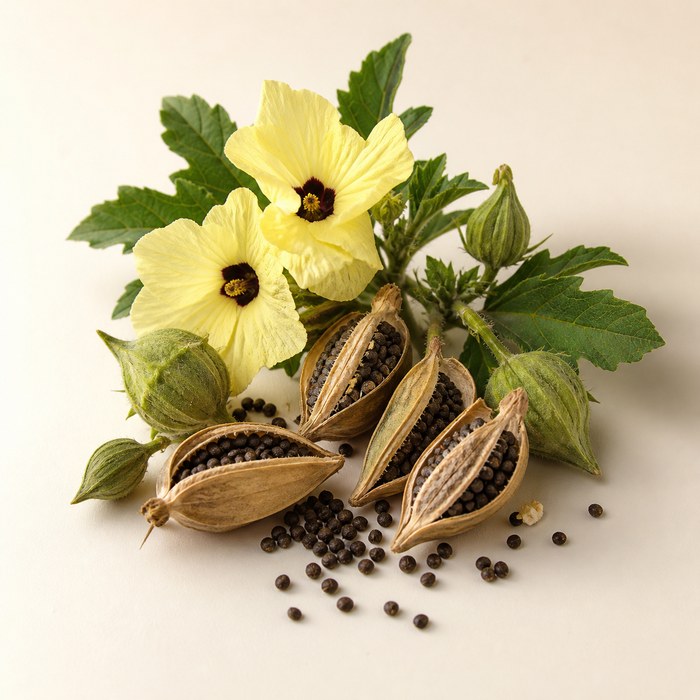 Flores, vainas y semillas de ambreta utilizadas como almizcle vegetal en perfumería