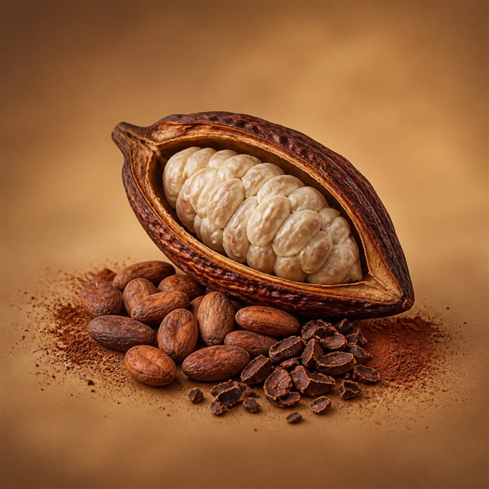 Mazorca abierta, granos y polvo natural de cacao