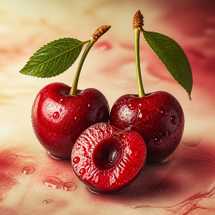 Cerezas rojas maduras enteras y abiertas para perfumes frutales