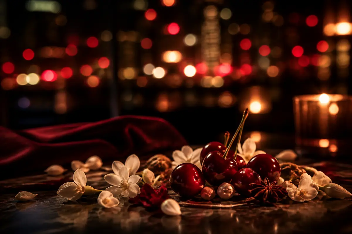 Cerezas y jazmín en un ambiente nocturno elegante