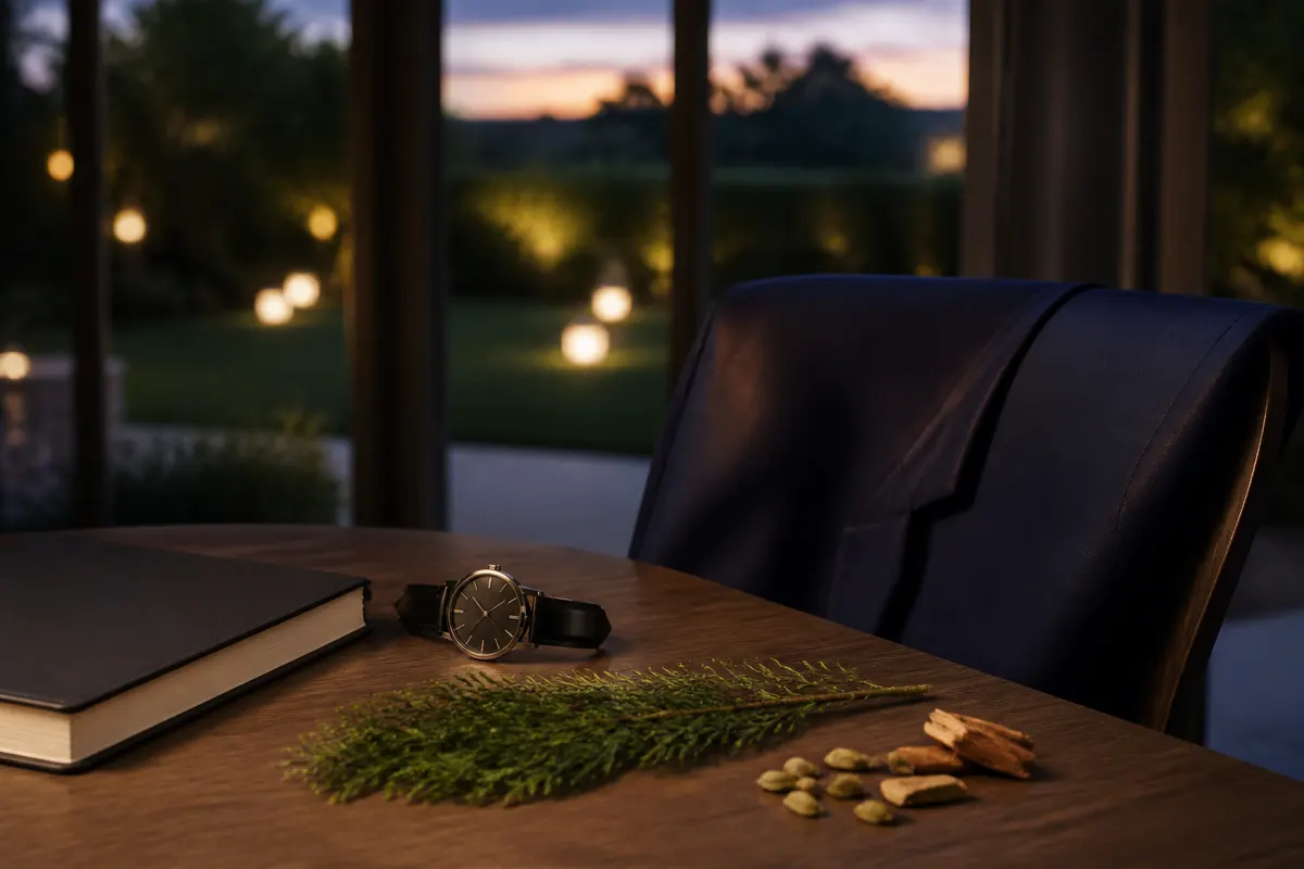 Escena de tarde y noche para una fragancia Gentleman intensa, verde y amaderada