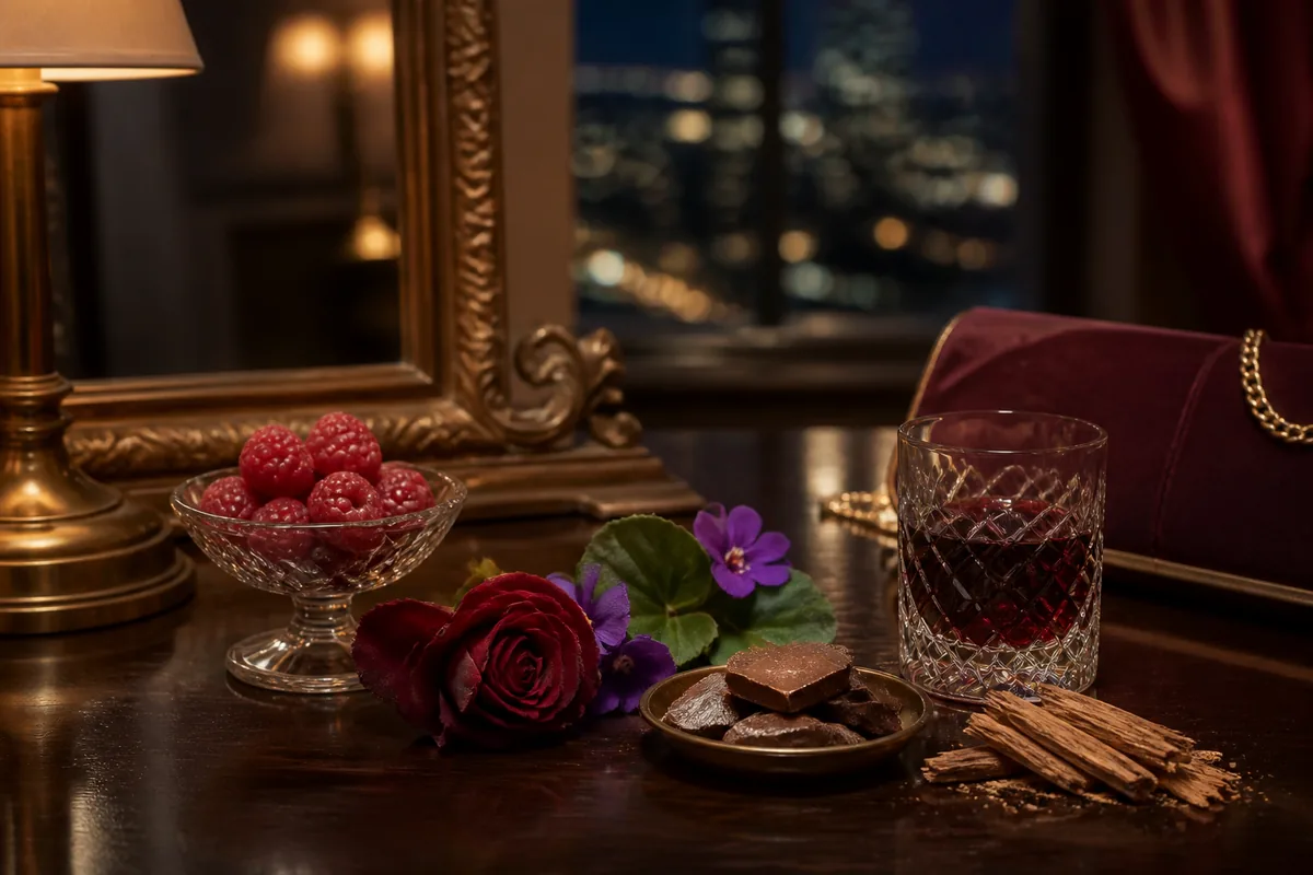 Escena nocturna de otoño e invierno para una fragancia intensa de frambuesa y cacao