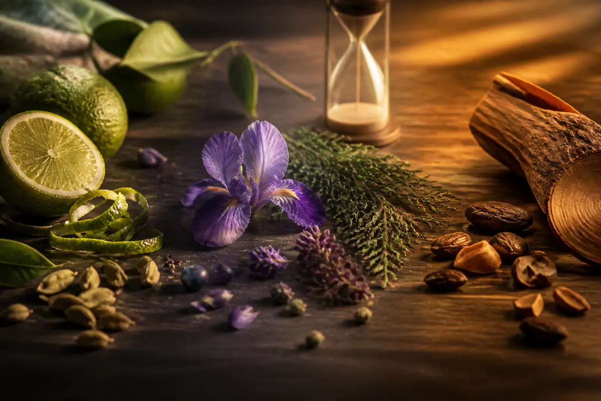 Evolución del cardamomo y la bergamota hacia iris, ciprés, cumarina y cedro