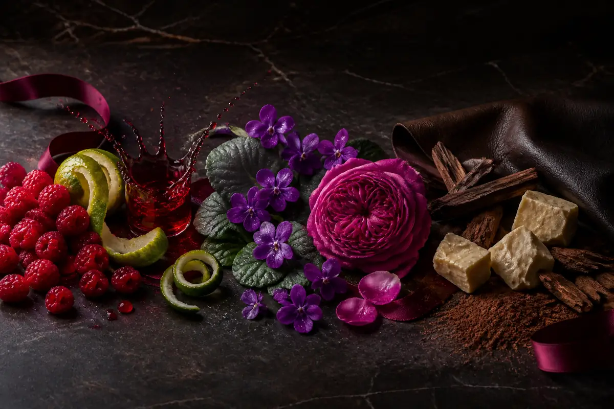 Evolución olfativa de frambuesa y bergamota hacia violeta, rosa, cacao, cuero y cedro