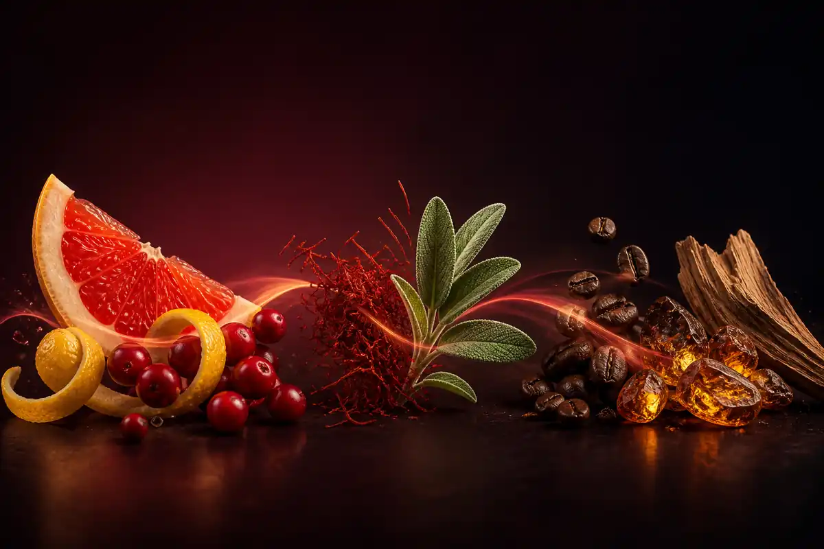 Evolución del perfume equivalente a Polo Red desde la salida cítrica y afrutada hasta el fondo amaderado