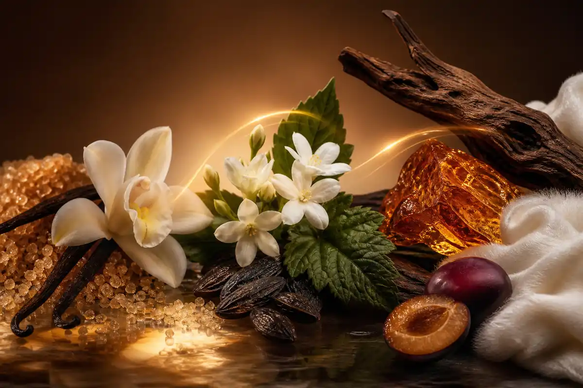 Evolución del perfume equivalente a Vanilla 28 desde la salida dulce hasta el fondo ambarado