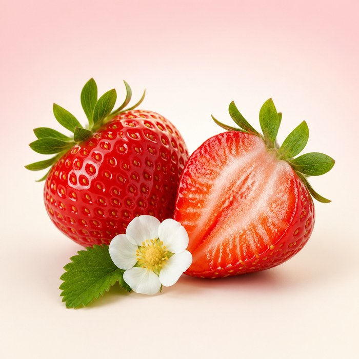 Fresas rojas maduras y una flor blanca para perfumes frutales