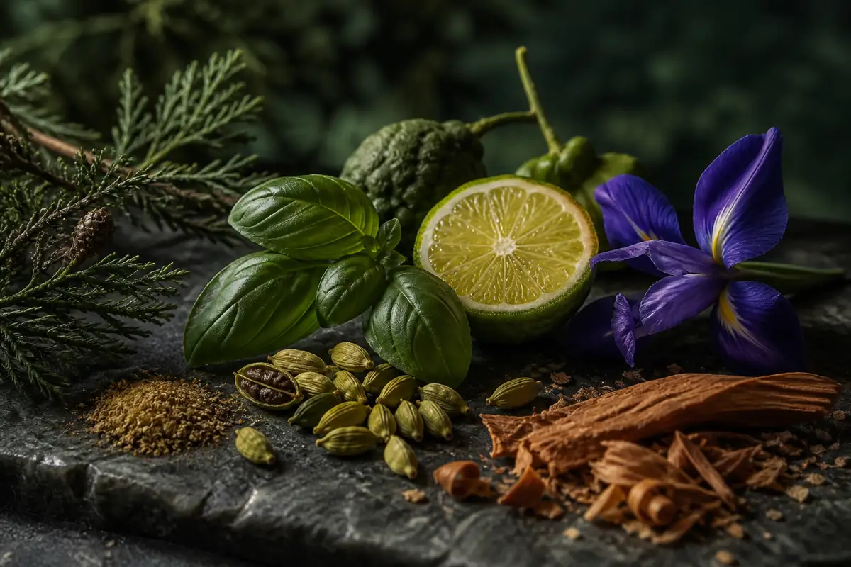 Cardamomo, albahaca, bergamota, iris, ciprés, cumarina y cedro en una escena verde y amaderada