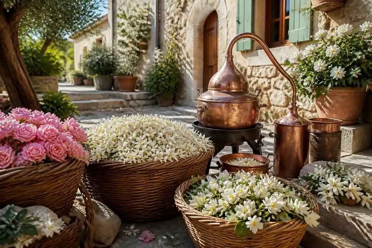 Viaja a Través de la Historia de los Perfumes: Un Recorrido por el Arte de la Fragancia 4 Flores y alambique en Grasse durante la evolución de la perfumería