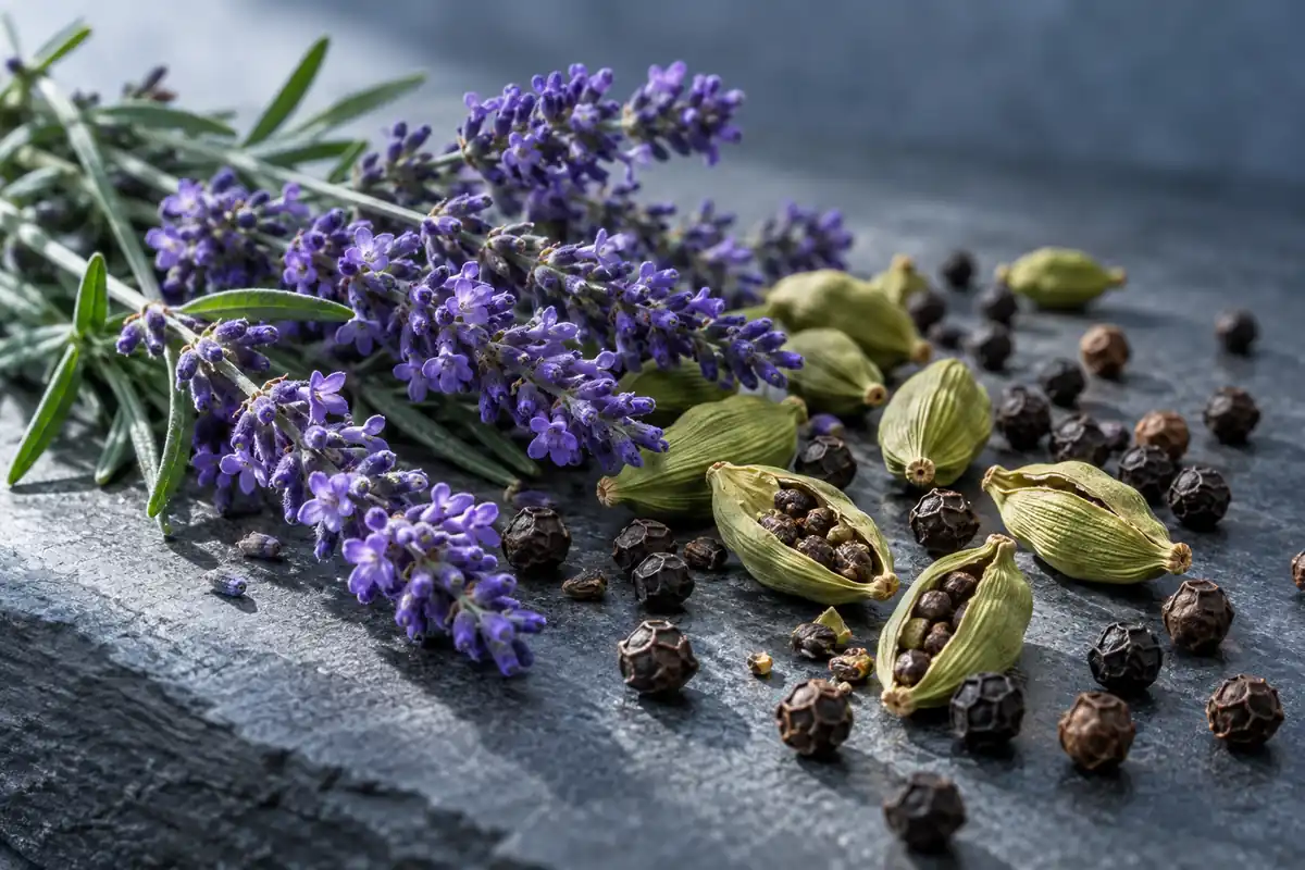 Lavandín, cardamomo verde y pimienta negra de la referencia 214