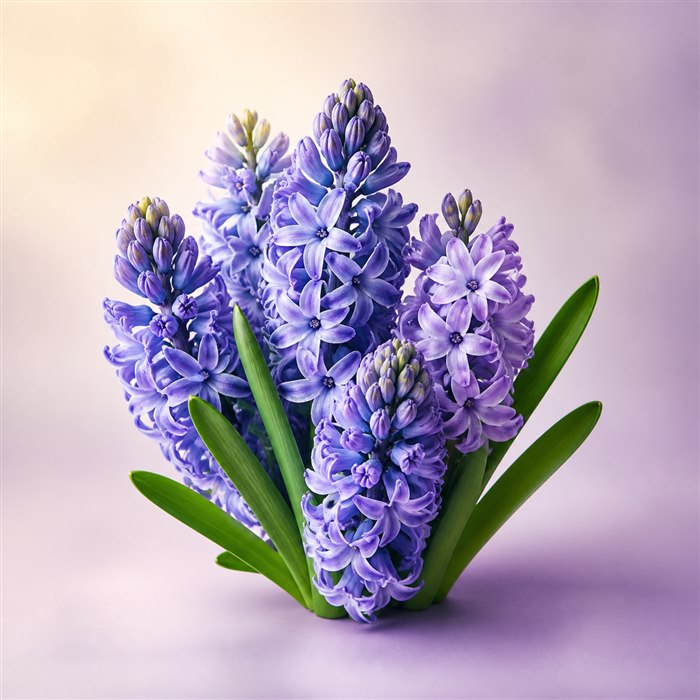 Jacintos violetas frescos con hojas verdes