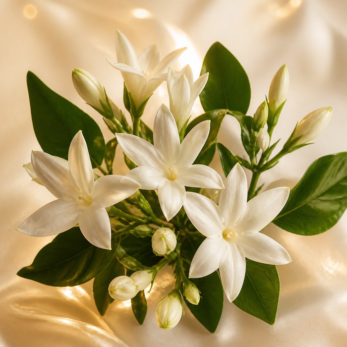 Flores blancas de jazmín egipcio con hojas verdes para perfumes