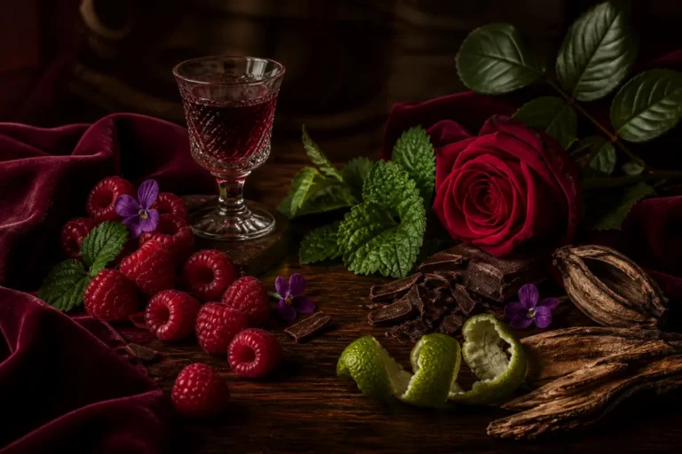 Perfume equivalente a La Vie Est Belle L´Elixir Lancome 5 Frambuesa, violeta, rosa, cacao, cuero y cedro en una escena borgoña