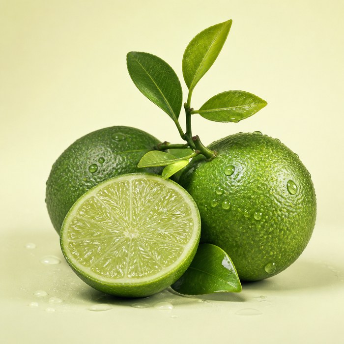 Limas ácidas verdes enteras y abiertas para perfumes cítricos