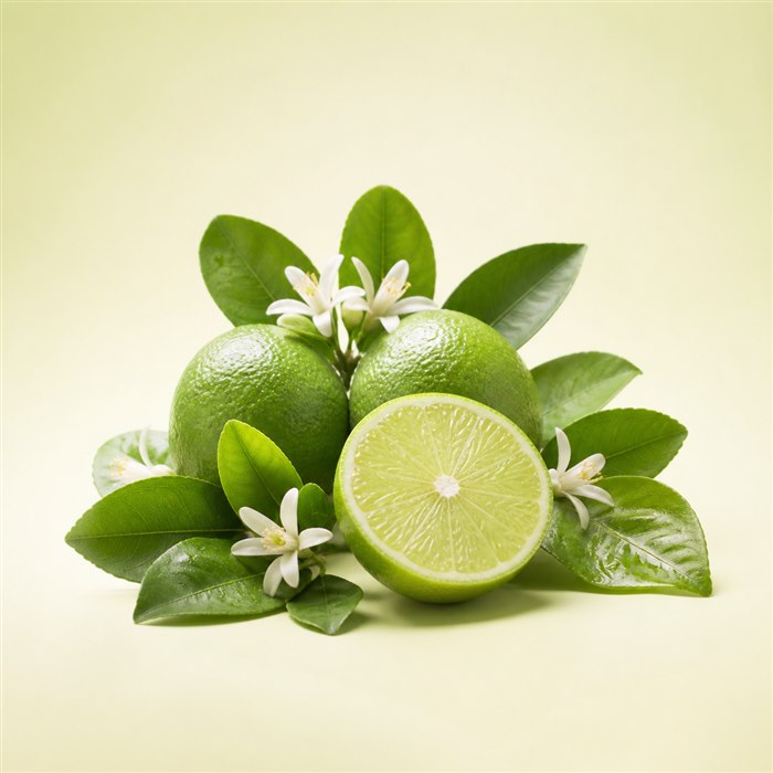 Limas verdes frescas con hojas, flores y una mitad cortada