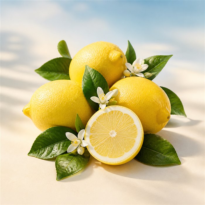 Limones amarillos de Amalfi con hojas, flores y un fruto cortado