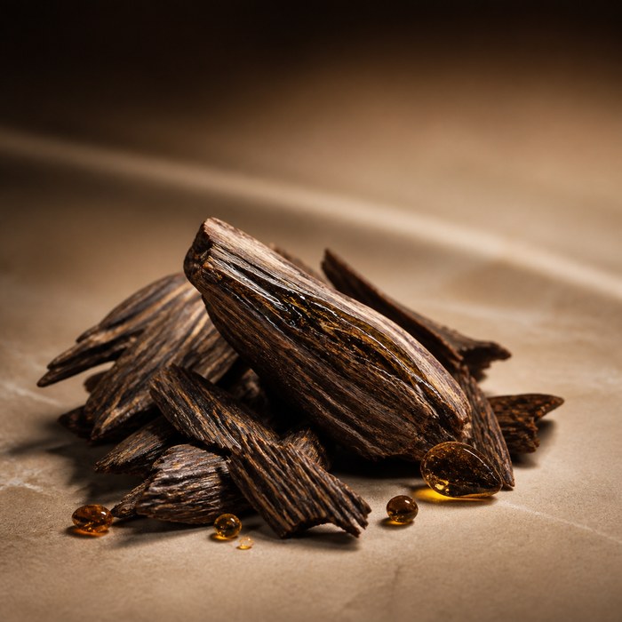Astillas oscuras y resinosas de madera de oud para perfumes