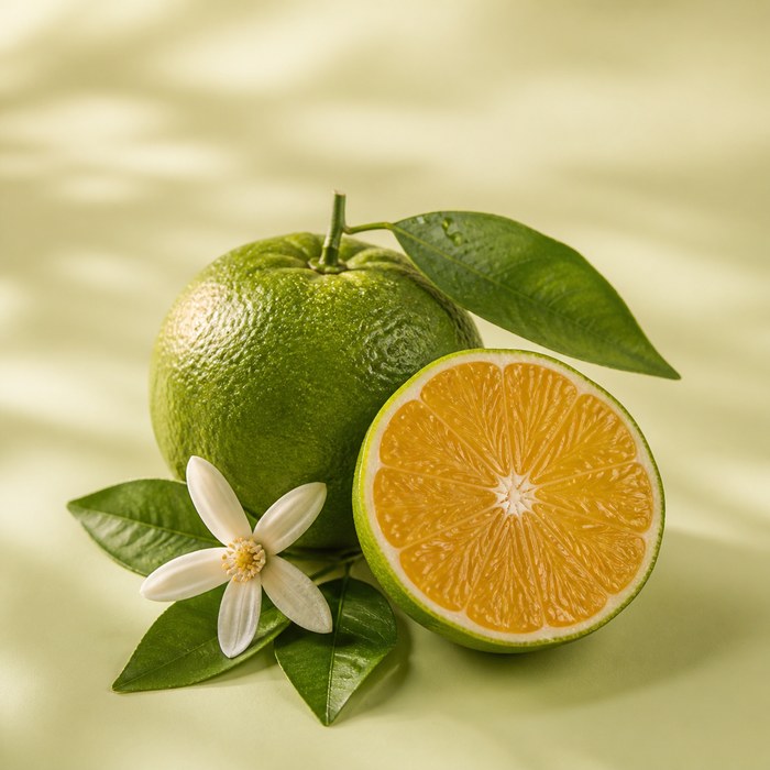 Mandarina verde entera y abierta con flor blanca para perfumes