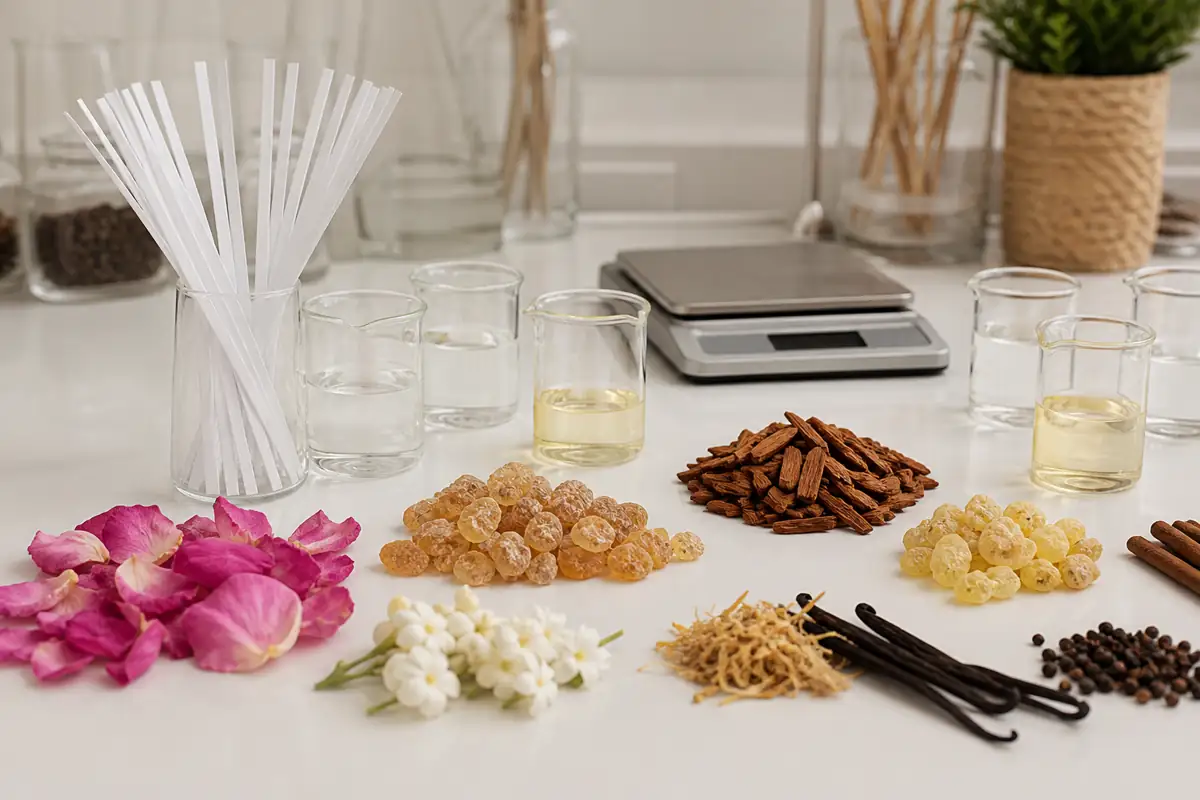 Materias naturales y acordes modernos en un laboratorio de perfumería