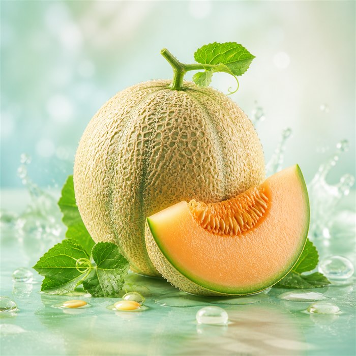 Melón maduro con una rodaja jugosa, hojas verdes y gotas de agua