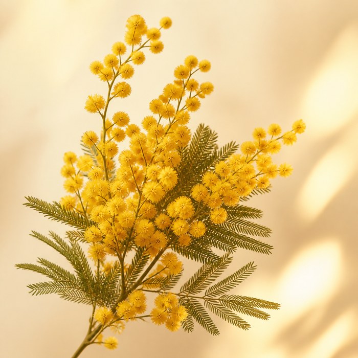 Ramas amarillas de mimosa con hojas verdes para perfumes