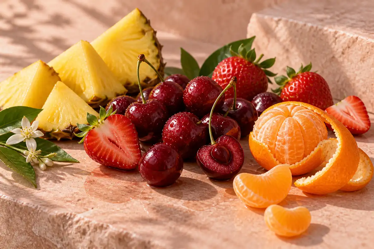 Cereza, fresa, piña y mandarina de la salida de la referencia 71
