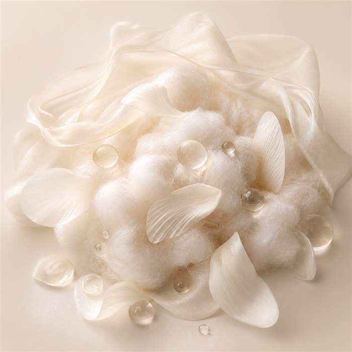 Acorde de musk blanco con fibras suaves, pétalos y gotas transparentes
