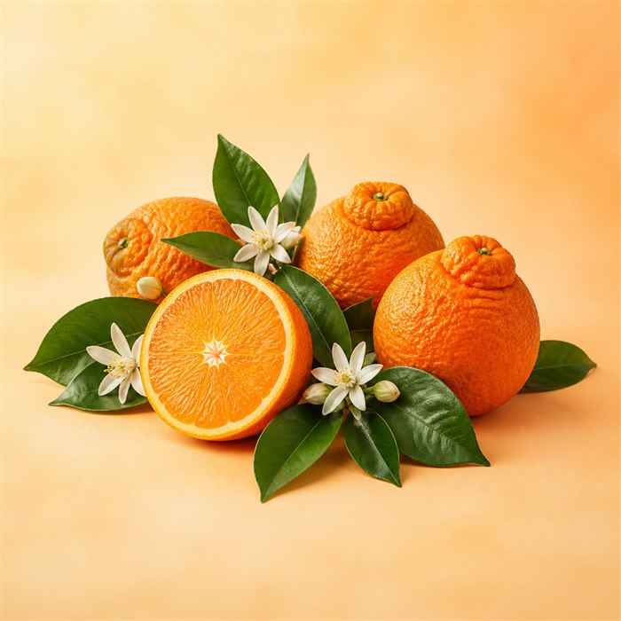 Naranjas amargas maduras con hojas, flores y un fruto cortado