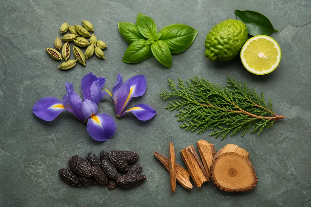 Perfume equivalente a Gentleman con cardamomo, albahaca, bergamota, iris, ciprés, cumarina y cedro
