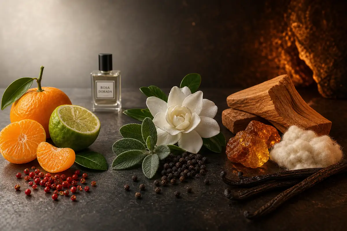 Mandarina, pimientas, gardenia, salvia, sándalo, ámbar y vainilla del equivalente a 212 Sexy Men