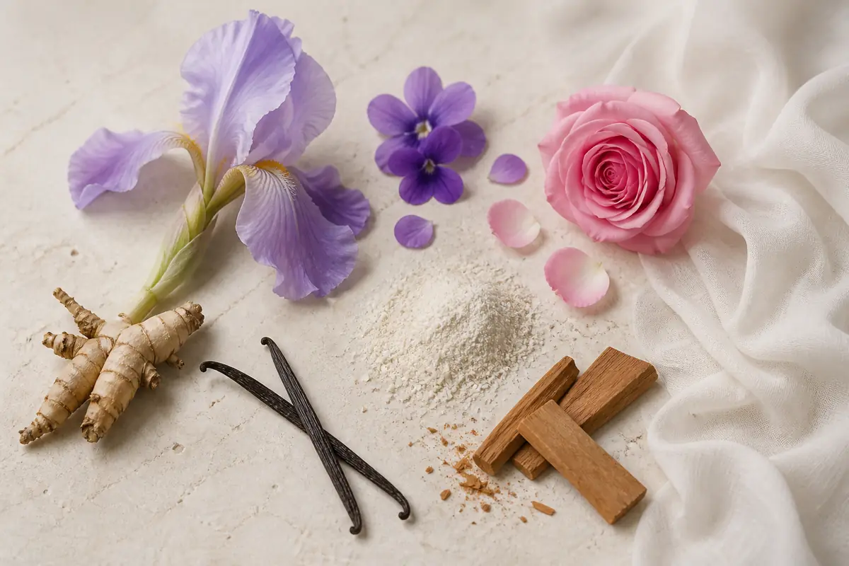 Mejores perfumes atalcados: 5 equivalencias 2 Notas de perfumes atalcados con iris, violeta, rosa, vainilla, almizcle y sándalo
