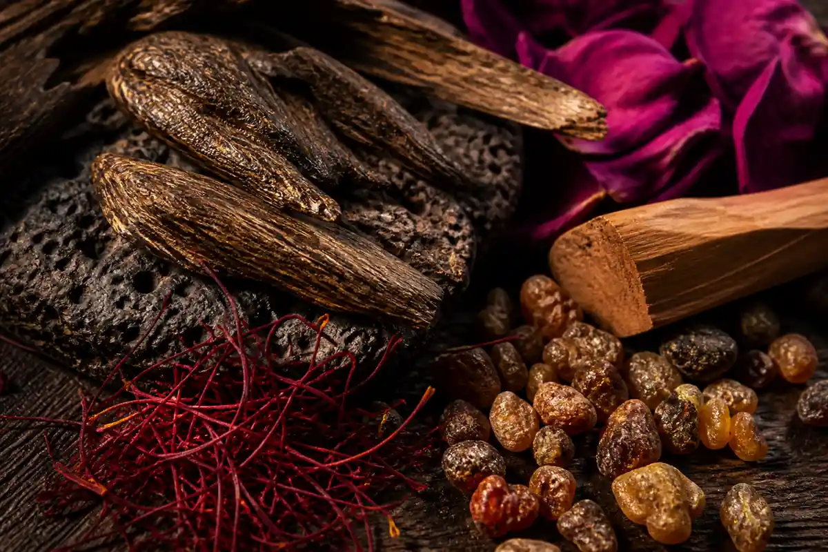 Oud, azafrán y resinas aromáticas usados en perfumería nicho
