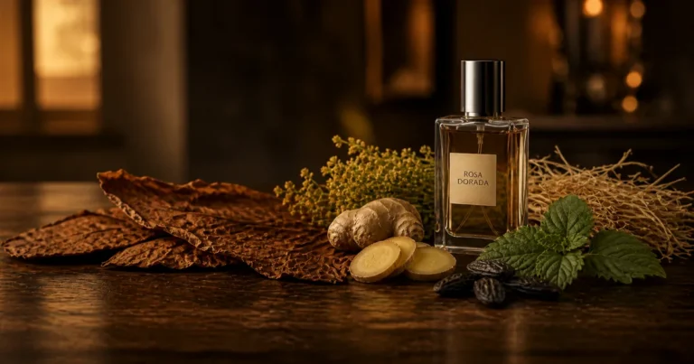 Frasco Rosa Dorada con tabaco, jengibre, vetiver, pachulí y haba tonka