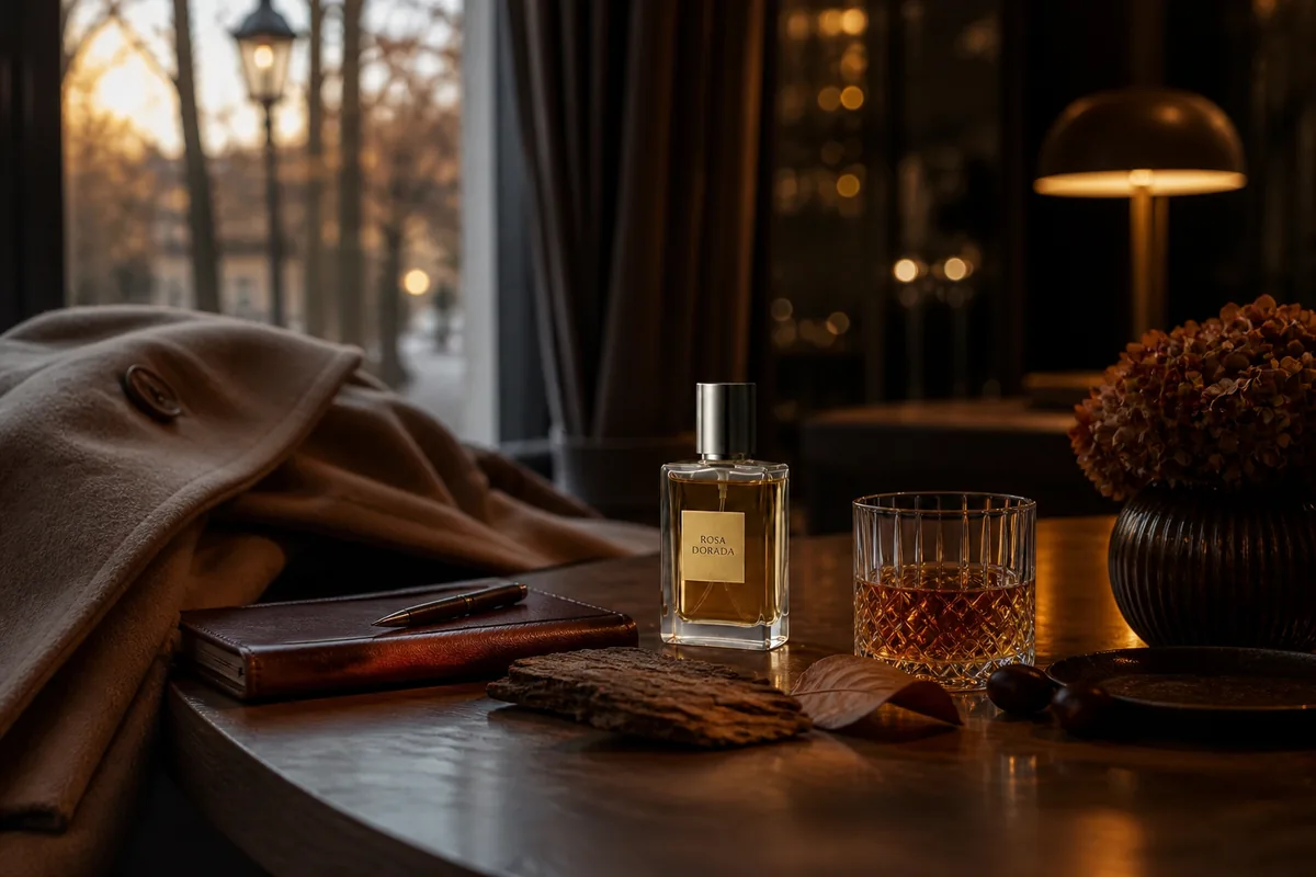 Perfume parecido a Mystery Tobacco para noche e invierno Perfume parecido a Mystery Tobacco en una escena nocturna cálida junto a una ventana con lluvia